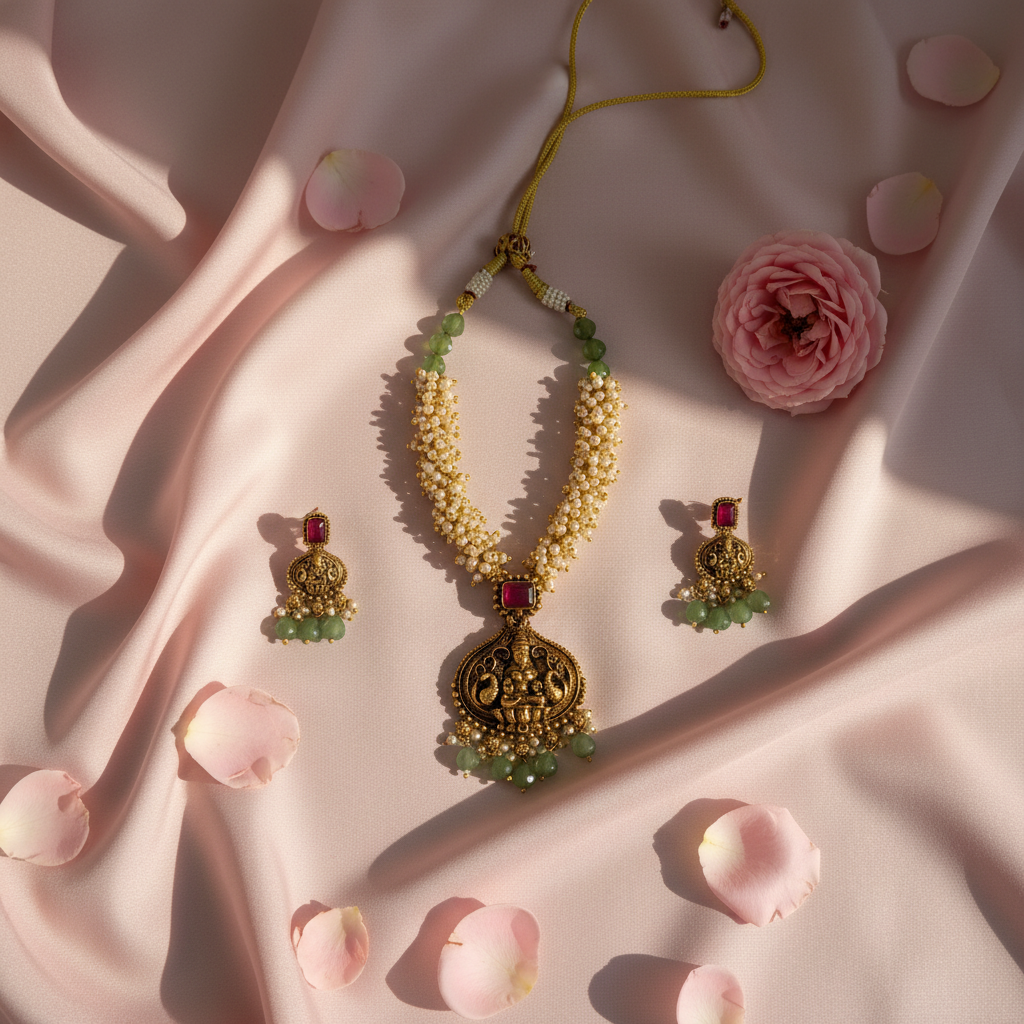 Vaidehi Pearl Temple Necklace Set