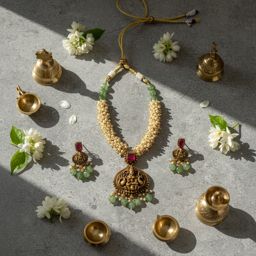 Vaidehi Pearl Temple Necklace Set