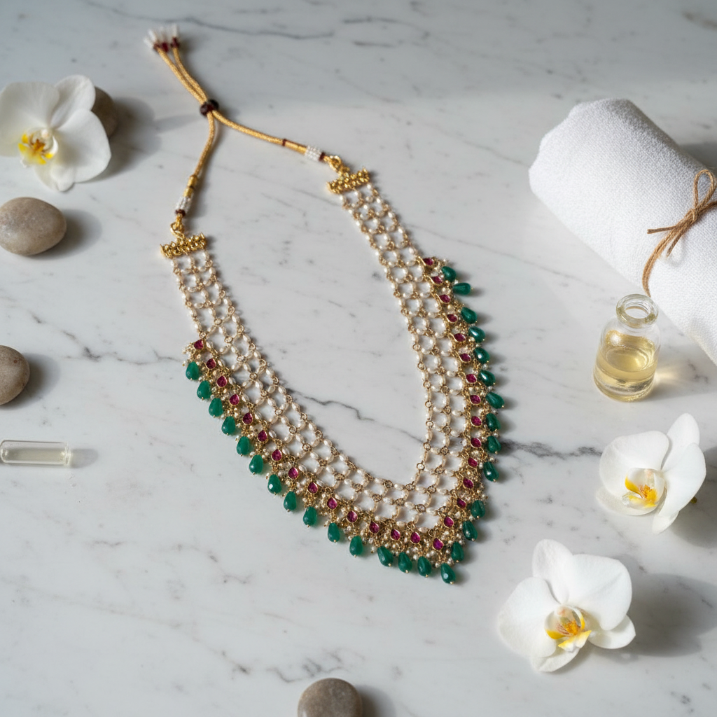 Emerald Pearl Cascade Necklace