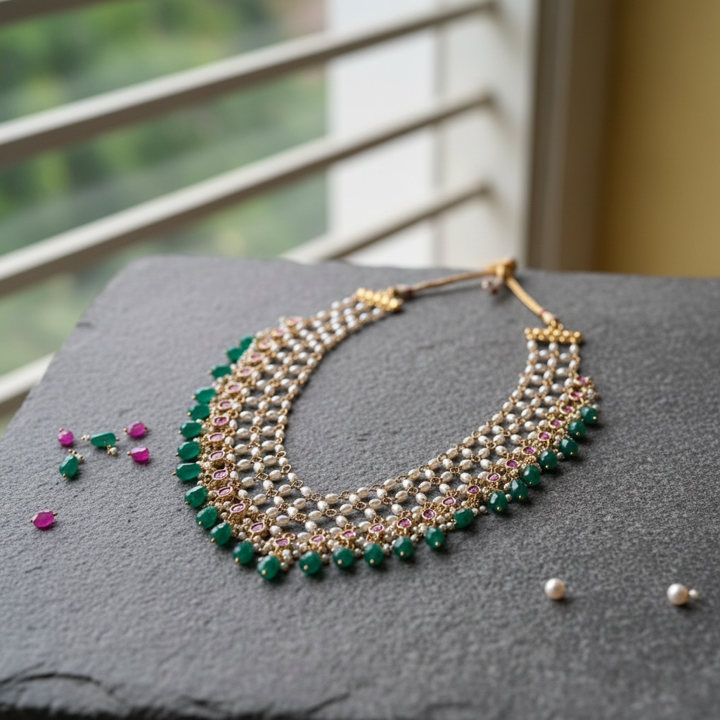Emerald Pearl Cascade Necklace